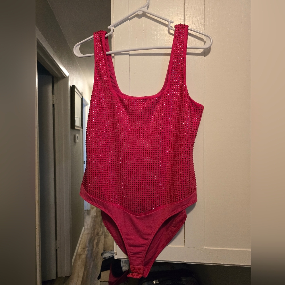 Hot Pink Rhinestone One-Piece Bodysuit
